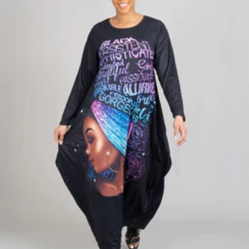0961. Black Graphic Maxi Dress with Blue and Purple Accents